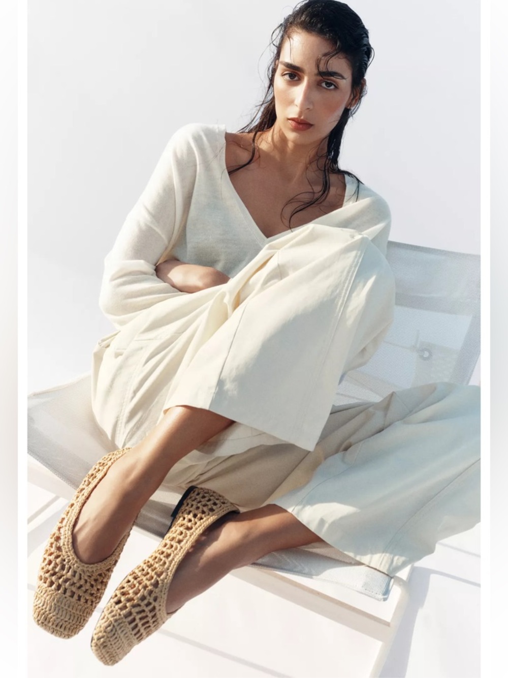Zara Cut Out Braided Woven Ballet Flat Beige Neutral/Natural NEW size 8